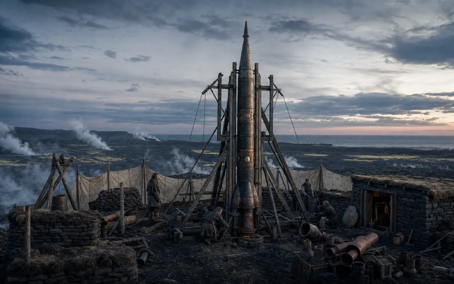 A riveted iron-and-bronze rocket stands in a timber launch frame on an Icelandic lava field